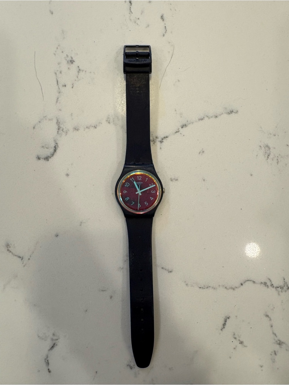 Swatch Kids Black Strap Watch with Red Dial and Teal Hands